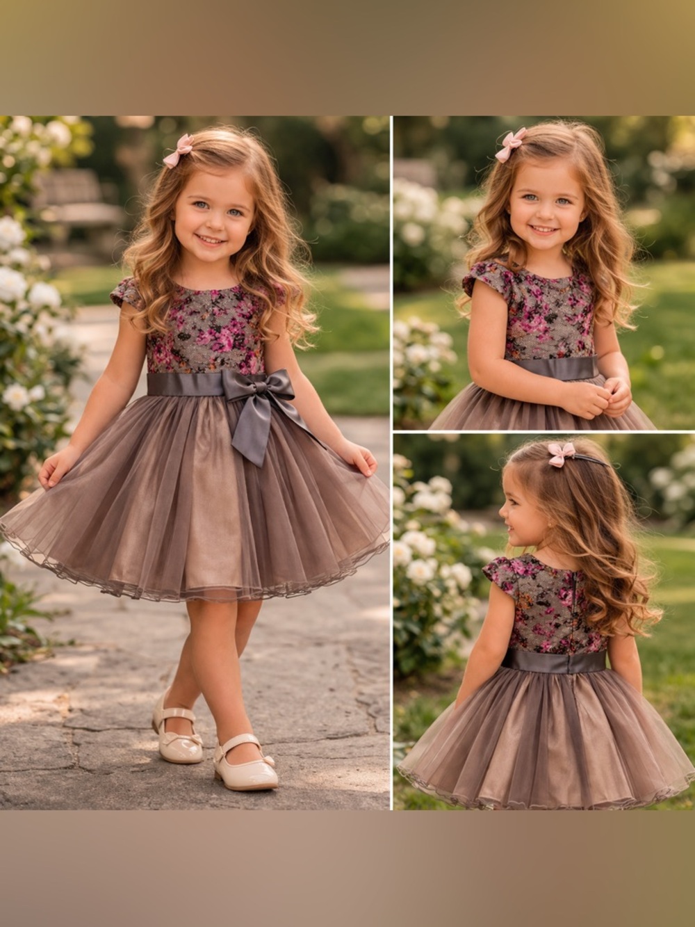 iris & ivy Brown Tulle Dress with Pink Floral Lace Bodice